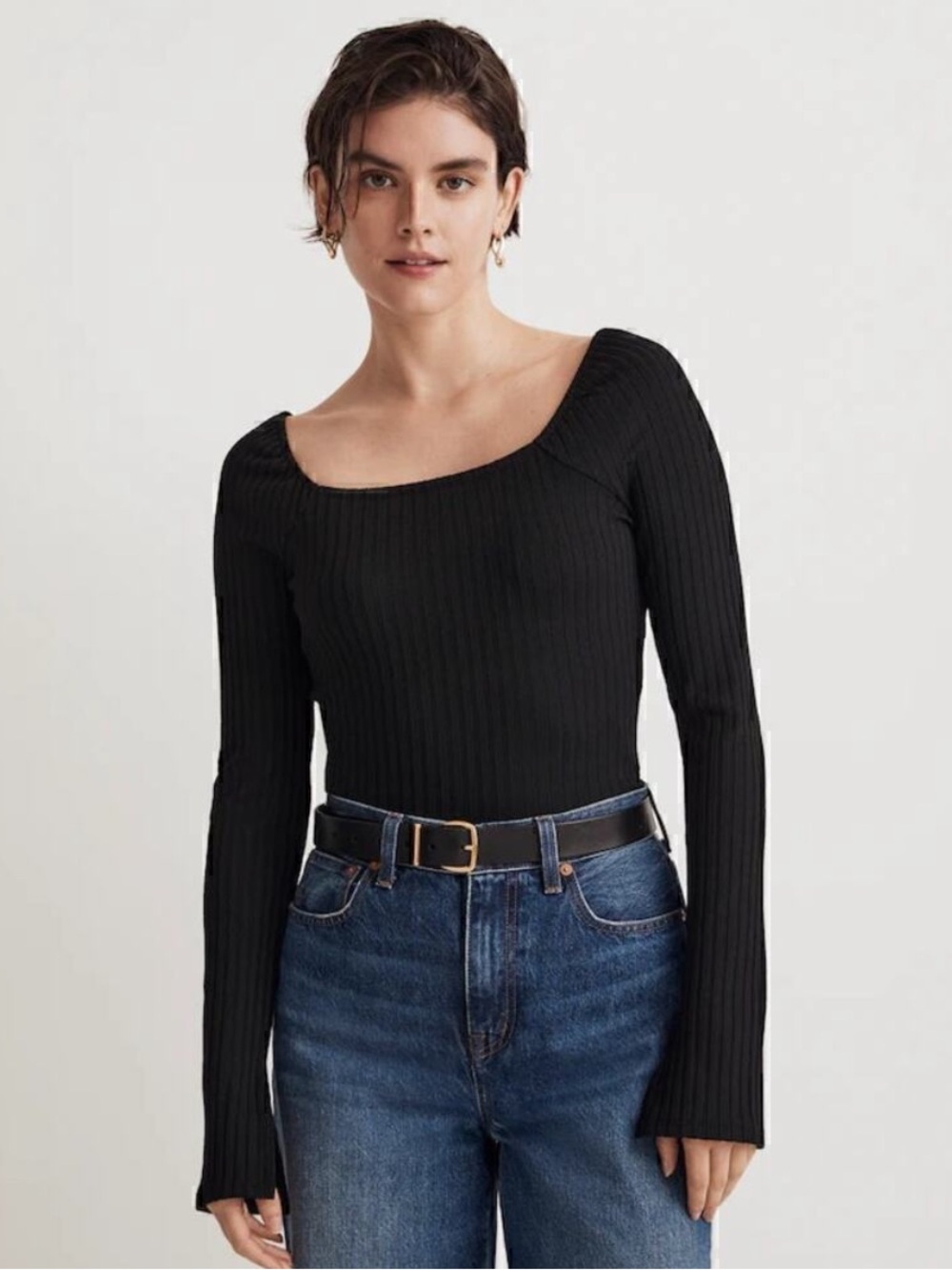 Madewell Long Sleeve Top Black Medium Ribbed Square Neck Stretch Womens